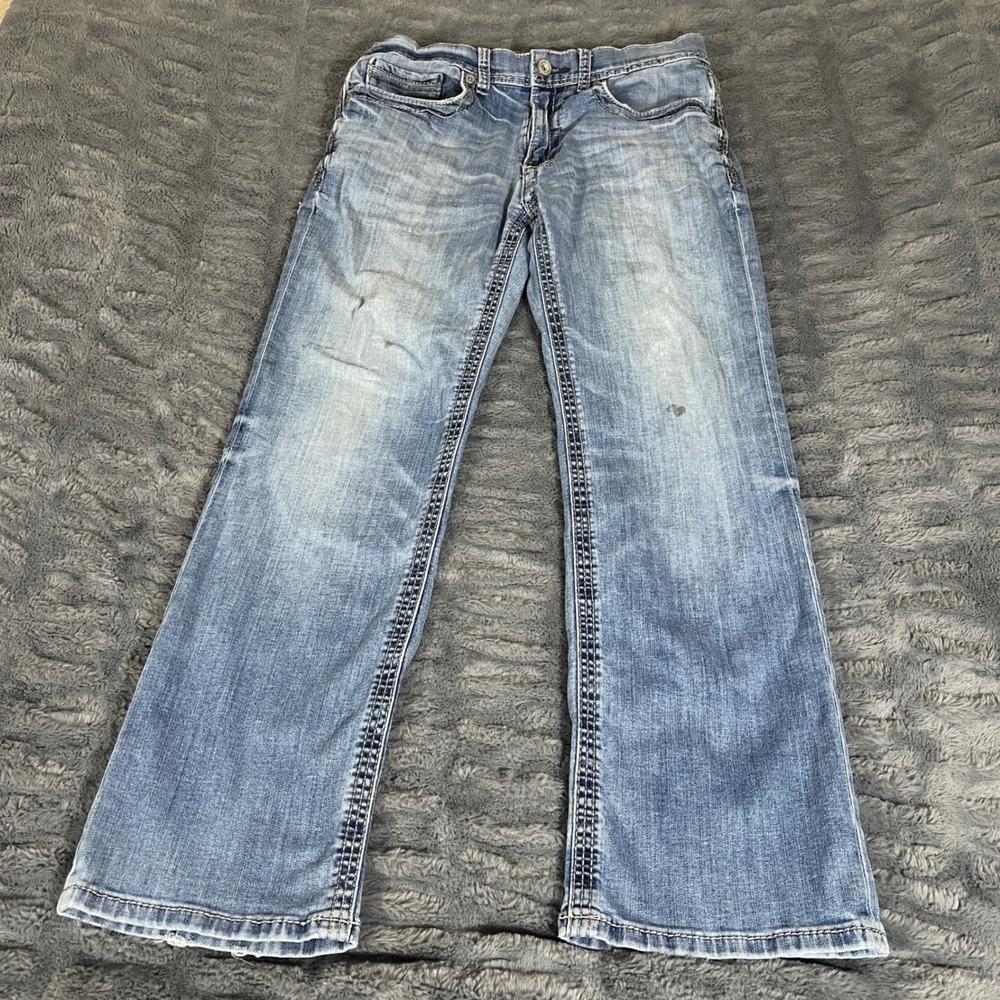 BKE Jake Mens Bootcut Jeans Light Wash Blue Distressed Denim Size 32S AP545